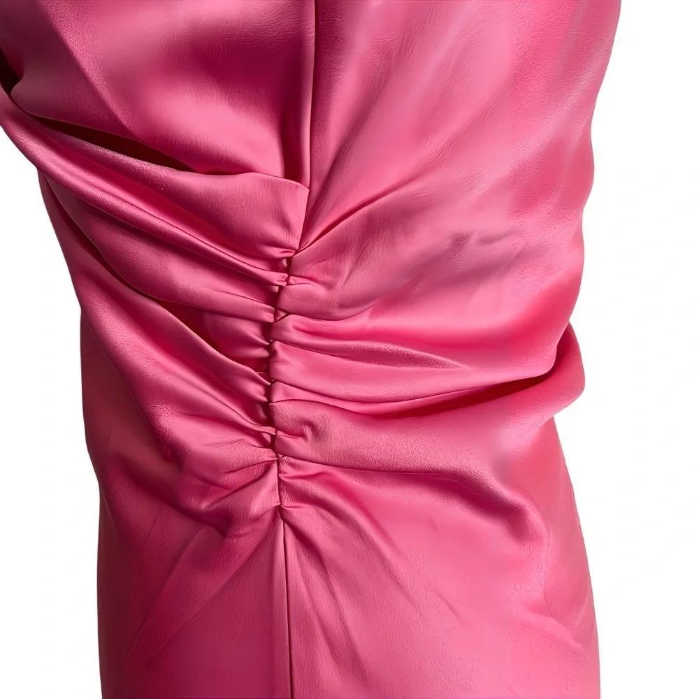 Glam Hot Pink Satin Slip Midi Dress Ruched Barbiecore Cocktail Party Womens S - Picture 5 of 11